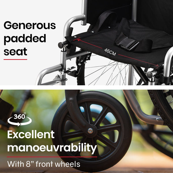 Equipmed 24 Inch Folding Wheelchair Lightweight Portable For Elderly And Disabled Grey Wheelchairs