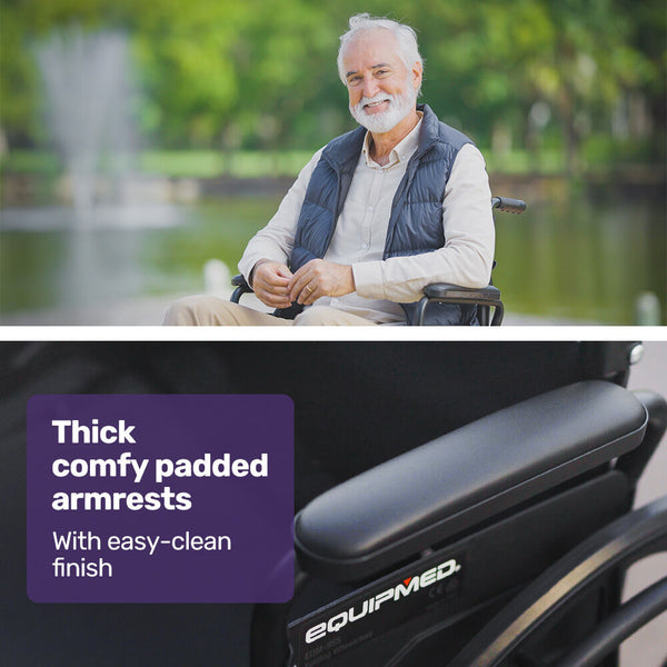 Equipmed 24 Inch Folding Wheelchair With Park Brakes 136Kg Capacity 51Cm Wide Seat Black Wheelchairs