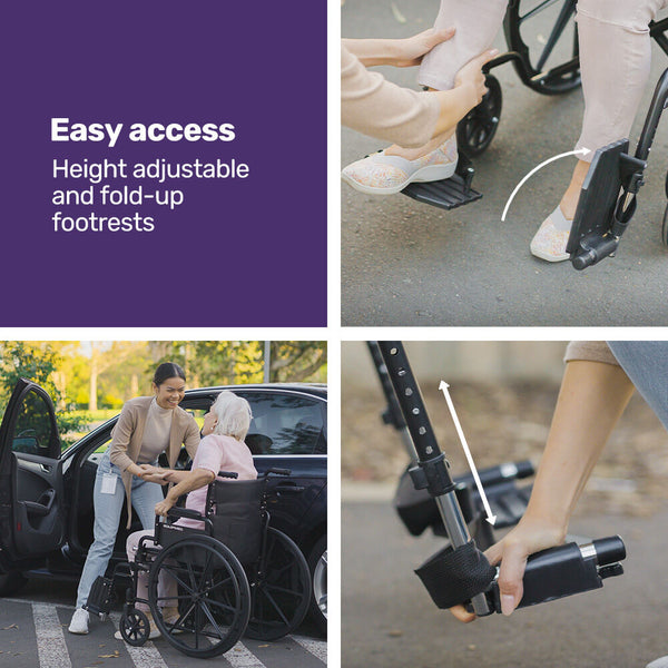 Equipmed 24 Inch Folding Wheelchair With Park Brakes 136Kg Capacity 51Cm Wide Seat Black Wheelchairs