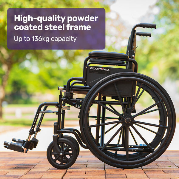 Equipmed 24 Inch Folding Wheelchair With Park Brakes 136Kg Capacity 51Cm Wide Seat Black Wheelchairs