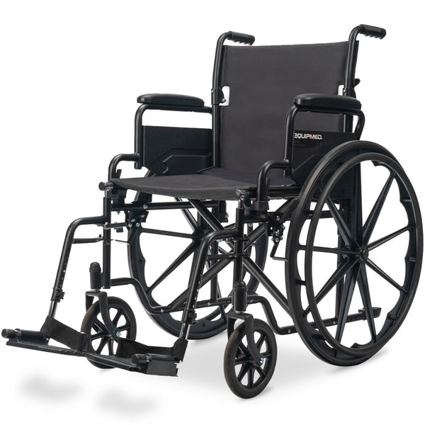 Equipmed 24 Inch Folding Wheelchair With Park Brakes 136Kg Capacity 51Cm Wide Seat Black Wheelchairs
