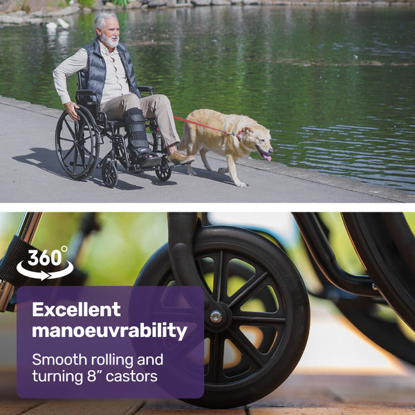 Equipmed 24 Inch Folding Wheelchair With Park Brakes 136Kg Capacity 51Cm Wide Seat Black Wheelchairs