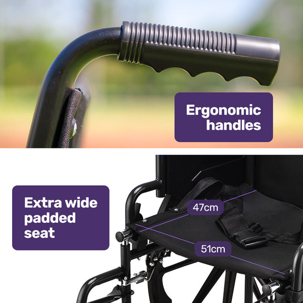 Equipmed 24 Inch Folding Wheelchair With Park Brakes 136Kg Capacity 51Cm Wide Seat Black Wheelchairs