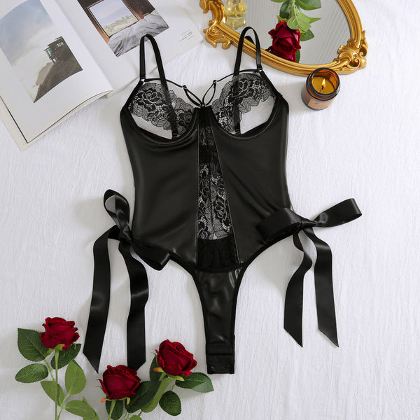 Strap Patent Leather Lace Spliced Fabric Leakage Suspender Jumpsuit Jumpsuits Rompers & Playsuits