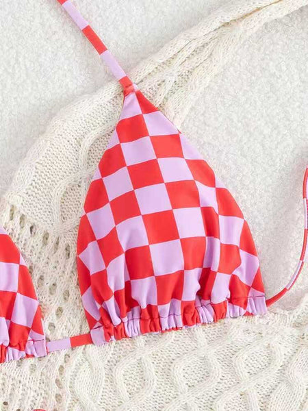 Lace Up Multi Color Checkered Split Swimsuit Women's Bikini Swimwear
