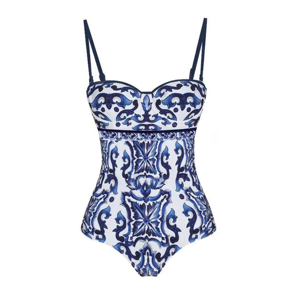 Blue And White Porcelain Print Retro Beach Vacation Hot Spring Swimsuit Swimwear
