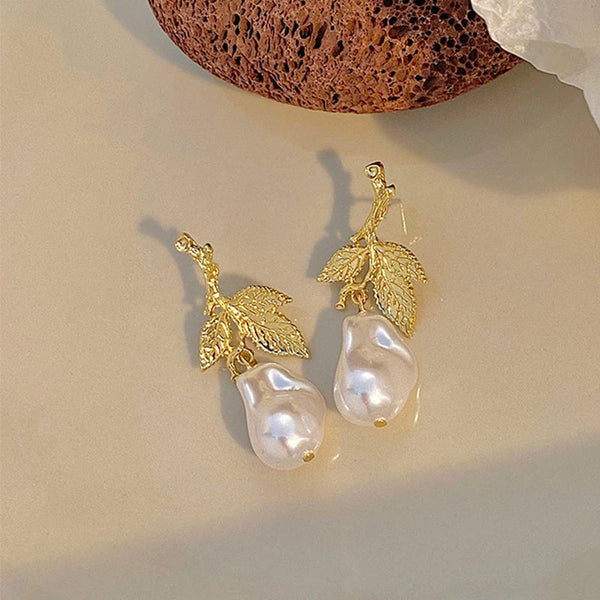 Veile Studios S925 Silver Needle French Metal Leaf Pearl For Women Earrings