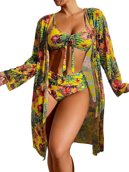Long Top Split Three Piece Printed  Swimsuit Women's Bikini Swimwear