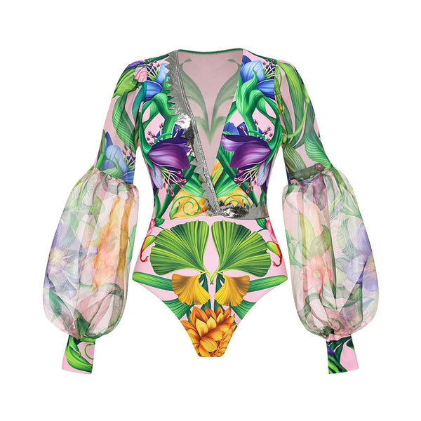 V Neck One Piece Swimsuit For Women Bubble Long Sleeved Sunscreen Printed Swimwear