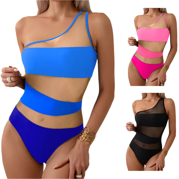 Women One Piece Mesh Patchwork Jumpsuit  Single Shoulder Jumpsuits Rompers & Playsuits
