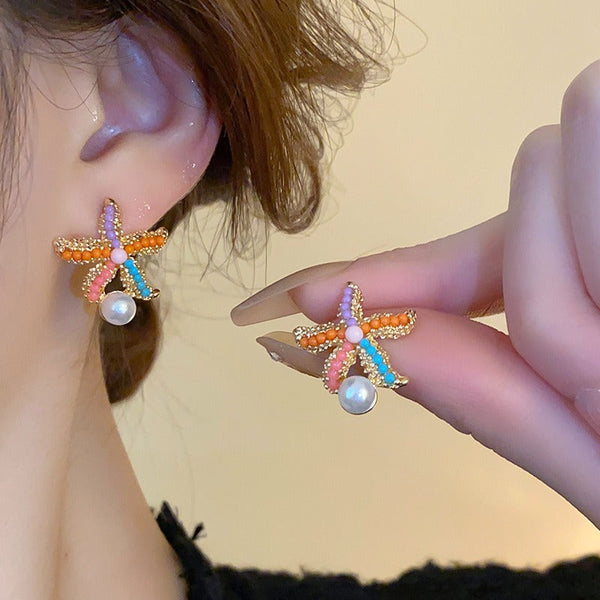 Veile Studios Cute Colourful Starfish Pearl Simple For Casual And Formal Use Earrings