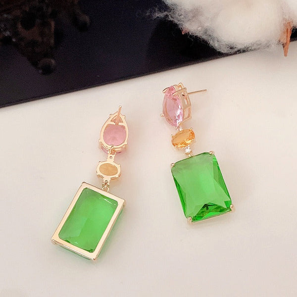 Veile Studios Pink Droplet Geometric Square With Transparent Zircon In Candy Colour Earrings