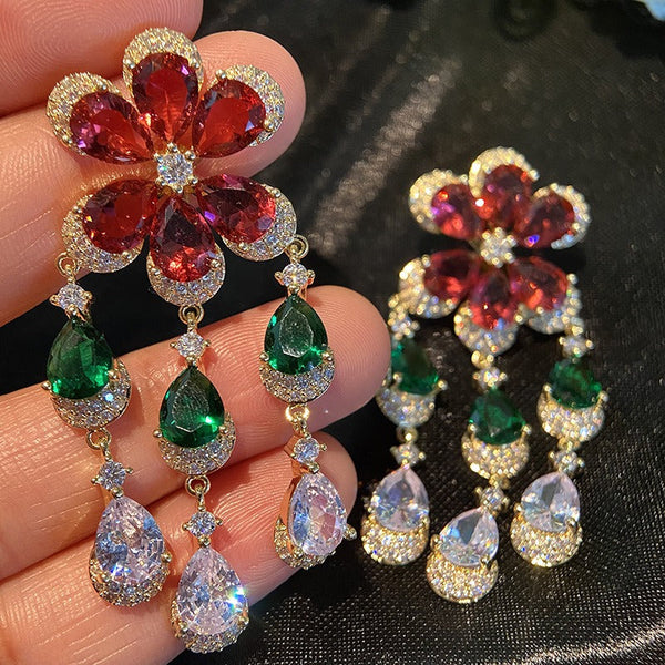 Veile Studios S925 Silver Needle Flower Tassel With Gradient Colored Zircon Details Earrings