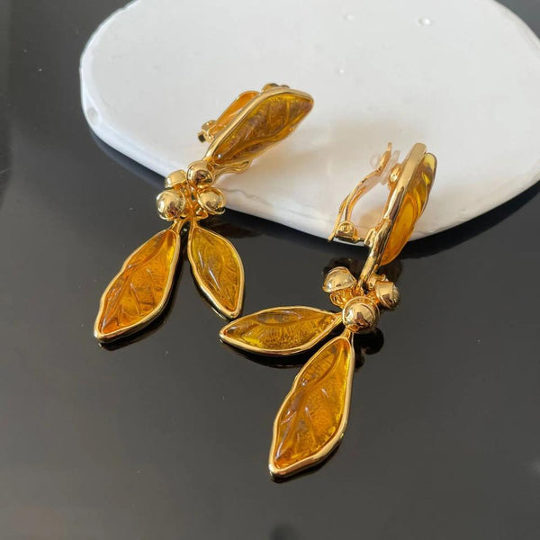 Veile Studios Retro Style Leaf Tassel Ear Clip Without Hole For Elegant Look Earrings