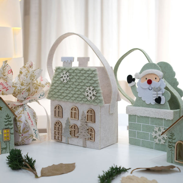 Christmas Jade Green Santa Snow House Felt Mini Apple Handbag Gift Bags