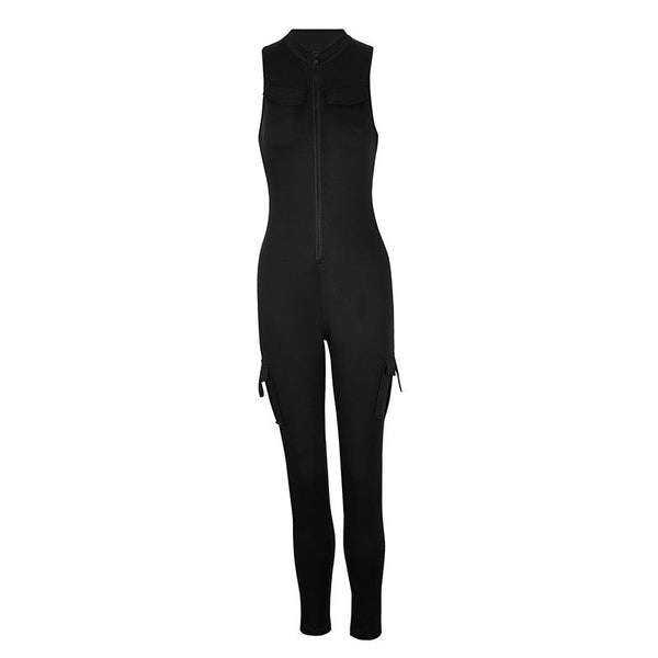 Fitted Zipper High Waist Pocket Sports Jumpsuit For Women Jumpsuits Rompers & Playsuits