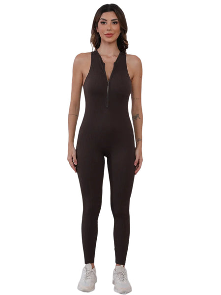 Half Zip Wide Strap Active Jumpsuit Coffee Brown Jumpsuits Rompers & Playsuits