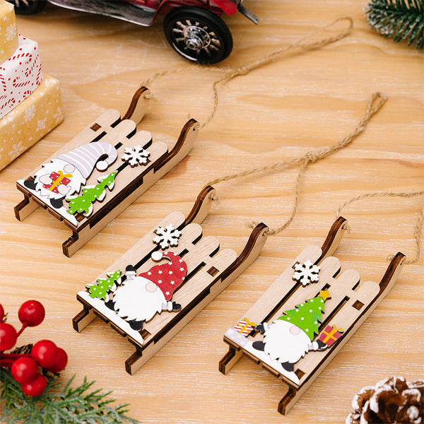 Christmas Decoration Wooden Sleigh Hanging Ornament Creative Santa Claus And Elf Figurines