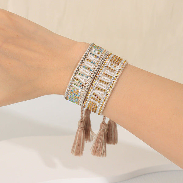 Cross Border Fully Ironed Colorful Diamond Woven Diy Bracelet Accessories For Women Creative Ethnic Embroidery Letter Rope Charms & Charm Bracelets