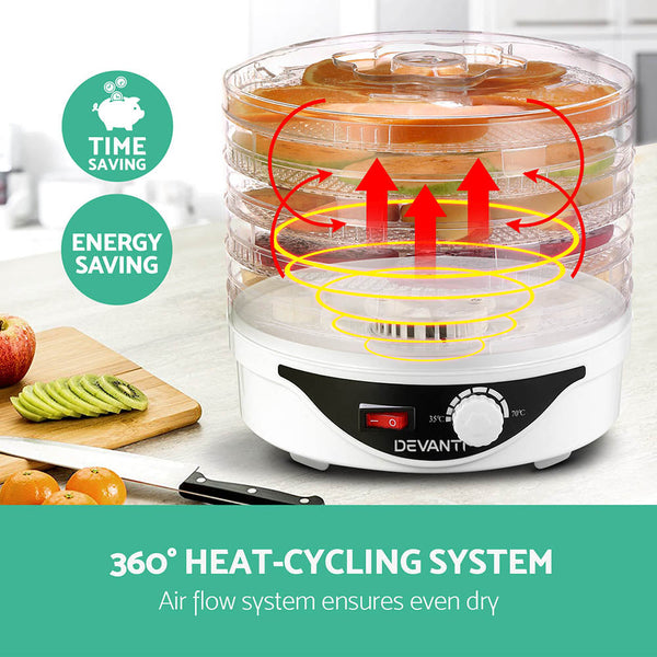 Devanti 5 Trays Food Dehydrator Fruit Pet Beef Jerky Dryer White Dehydrators