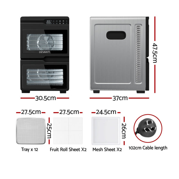 Devanti Stainless Steel Food Dehydrator Dual Zone 12 Tray Fruit Jerky Dryer Dehydrators