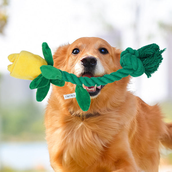 Dog Toy Rose Flower Plush Durable Biting Tooth Cleaning Cotton Rope Knot Crinkle Sound Self Entertainment Interactive Pet Product Dog Toys