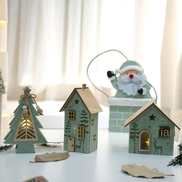 Felt Light Up Mini Wooden House Christmas Tree Desktop Bar Counter Atmosphere Decoration Festival Ornament Seasonal Decorations