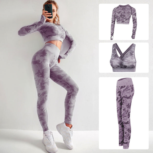 Camouflage 3 Piece Long Sleeved Bra Pants Sports Fitness Yoga Peach Hip Lifting Tight Set Tracksuits & Sets