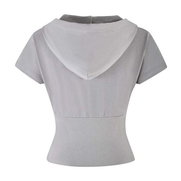 Women's Pure Color Sports Leisure Top With Hood Half Zipper Slim Deep V Neck Short Sleeve Tops