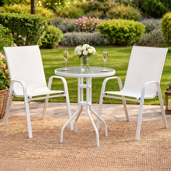 Gardeon 3 Piece White Outdoor Bistro Set: Stackable Table & Chairs Patio & Garden Tables