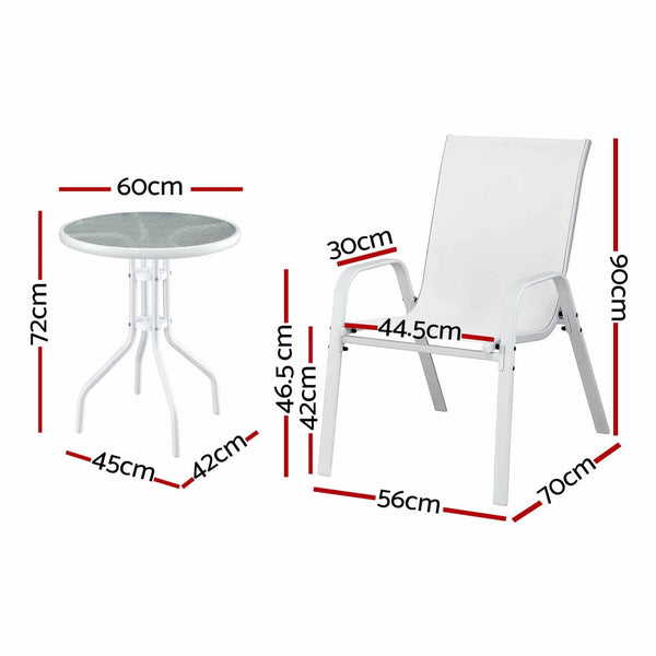 Gardeon 3 Piece White Outdoor Bistro Set: Stackable Table & Chairs Patio & Garden Tables