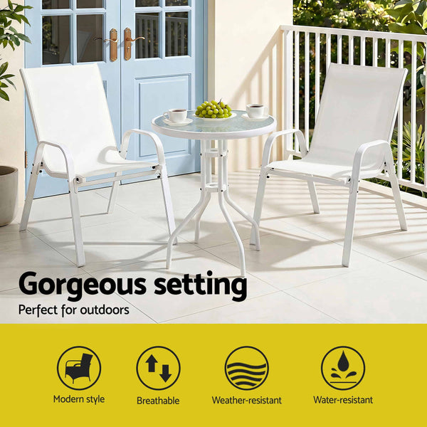 Gardeon 3 Piece White Outdoor Bistro Set: Stackable Table & Chairs Patio & Garden Tables