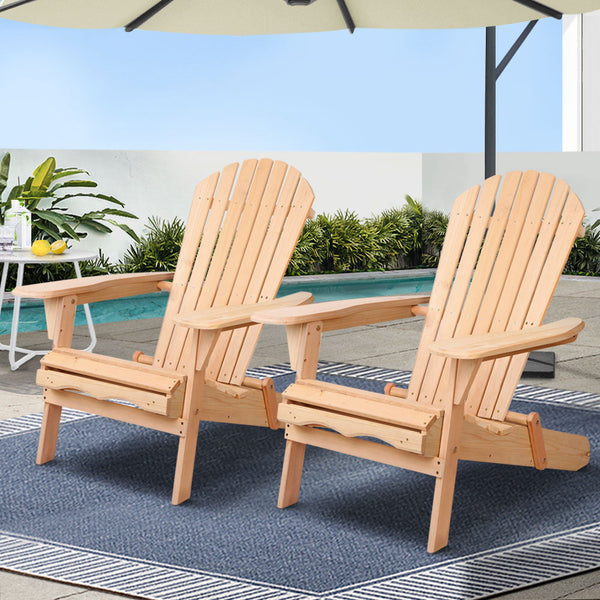 Gardeon Adirondack Outdoor Chairs Wooden Beach Chair Patio Furniture Garden Natural Set Of 2 Patio Chairs