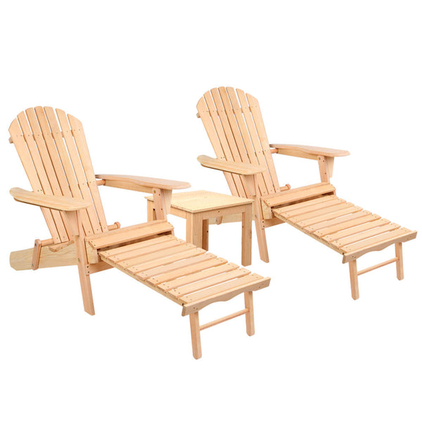 Gardeon 3Pc Adirondack Outdoor Table And Chairs Wooden Sun Lounge Beach Patio Natural Outdoor Dining Sets