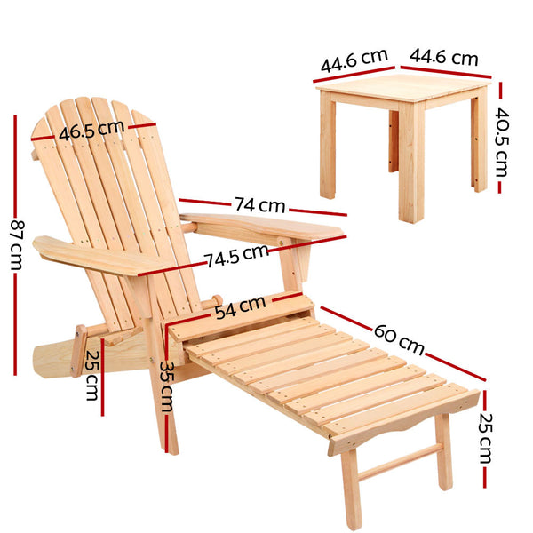 Gardeon 3Pc Adirondack Outdoor Table And Chairs Wooden Sun Lounge Beach Patio Natural Outdoor Dining Sets