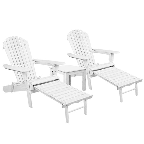 Gardeon 3Pc Adirondack Outdoor Table And Chairs Wooden Sun Lounge Beach Patio White Outdoor Dining Sets