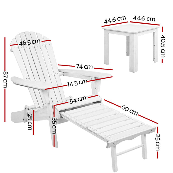 Gardeon 3Pc Adirondack Outdoor Table And Chairs Wooden Sun Lounge Beach Patio White Outdoor Dining Sets