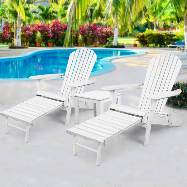 Gardeon 3Pc Adirondack Outdoor Table And Chairs Wooden Sun Lounge Beach Patio White Outdoor Dining Sets