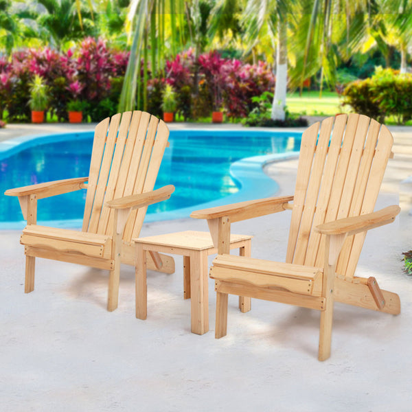 Gardeon 3Pc Adirondack Outdoor Table And Chairs Wooden Foldable Beach Natural Outdoor Dining Sets