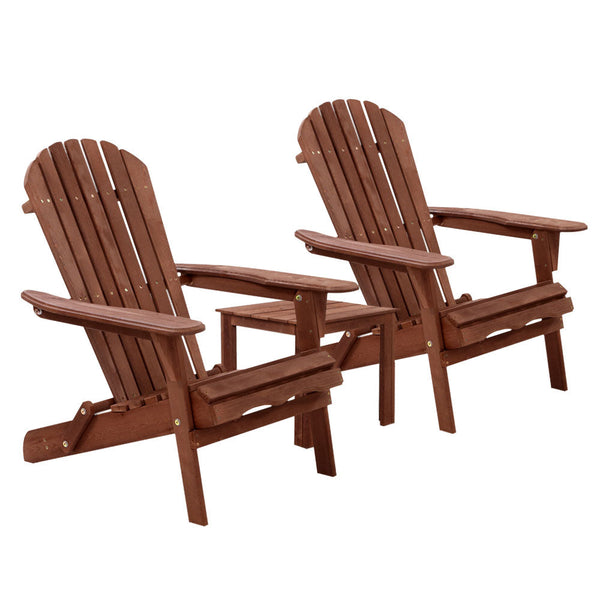 Gardeon 3Pc Adirondack Outdoor Table And Chairs Wooden Foldable Beach Brown Outdoor Dining Sets