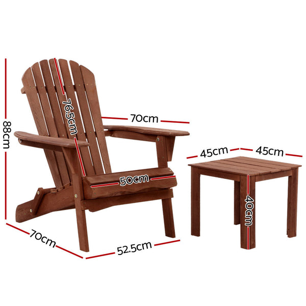 Gardeon 3Pc Adirondack Outdoor Table And Chairs Wooden Foldable Beach Brown Outdoor Dining Sets