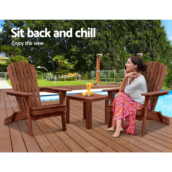 Gardeon 3Pc Adirondack Outdoor Table And Chairs Wooden Foldable Beach Brown Outdoor Dining Sets