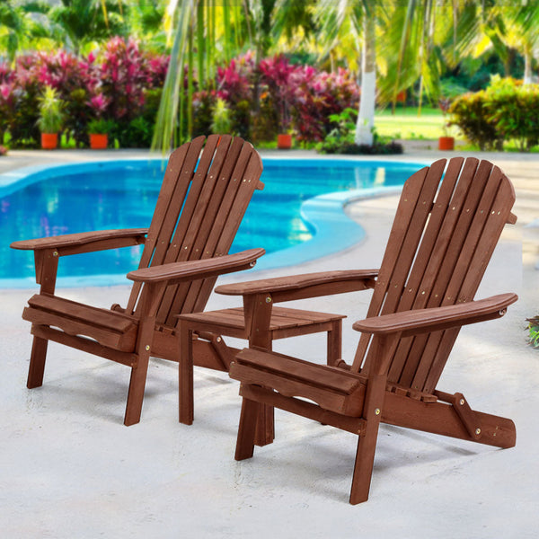 Gardeon 3Pc Adirondack Outdoor Table And Chairs Wooden Foldable Beach Brown Outdoor Dining Sets