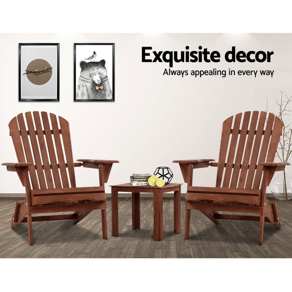 Gardeon 3Pc Adirondack Outdoor Table And Chairs Wooden Foldable Beach Brown Outdoor Dining Sets