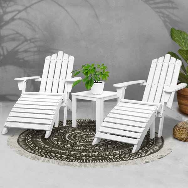 Gardeon 5Pc Adirondack Outdoor Table And Chairs Wooden Sun Lounge Patio Furniture White Outdoor Dining Sets