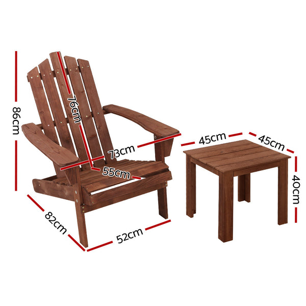 Gardeon 3Pc Adirondack Outdoor Table And Chairs Wooden Beach Chair Brown Outdoor Dining Sets