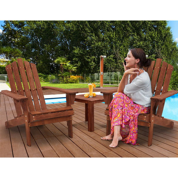 Gardeon 3Pc Adirondack Outdoor Table And Chairs Wooden Beach Chair Brown Outdoor Dining Sets