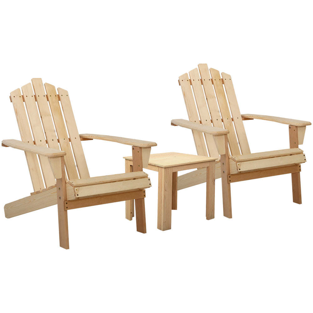 Gardeon 3Pc Adirondack Outdoor Table And Chairs Wooden Beach Chair Natural Outdoor Dining Sets