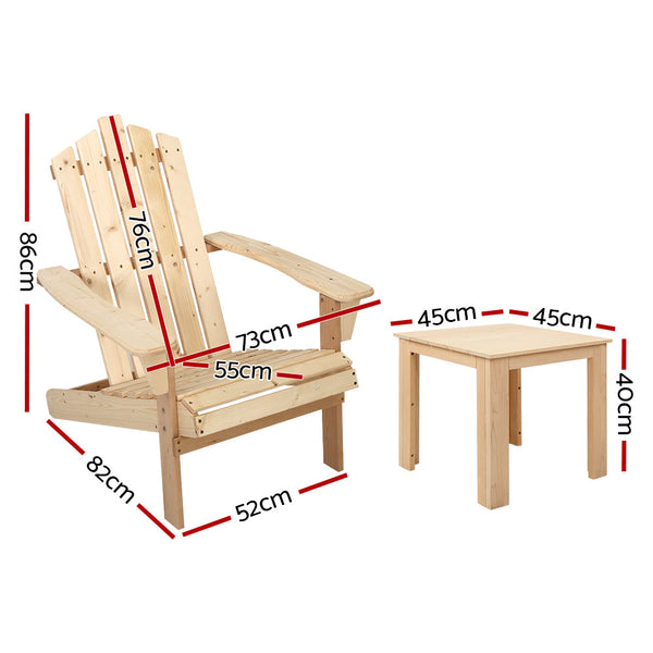 Gardeon 3Pc Adirondack Outdoor Table And Chairs Wooden Beach Chair Natural Outdoor Dining Sets