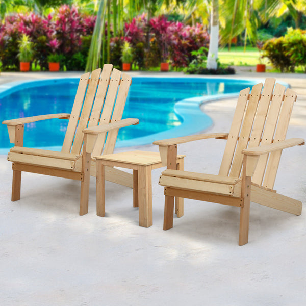 Gardeon 3Pc Adirondack Outdoor Table And Chairs Wooden Beach Chair Natural Outdoor Dining Sets